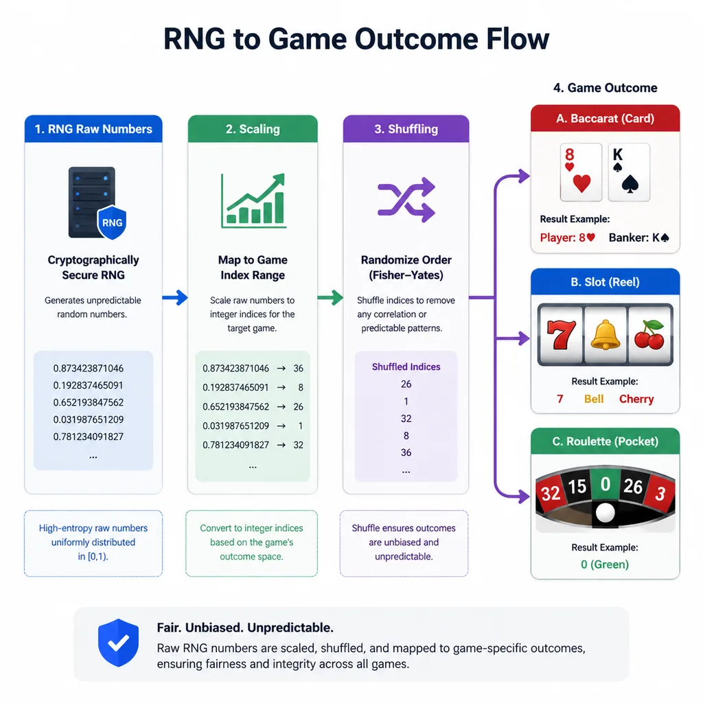 RNG 원시 출력이 게임 결과로 변환되는 흐름도