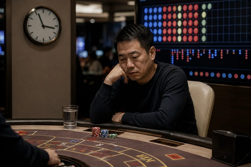 A tired baccarat player beside a clock, chips, and an electronic scoreboard