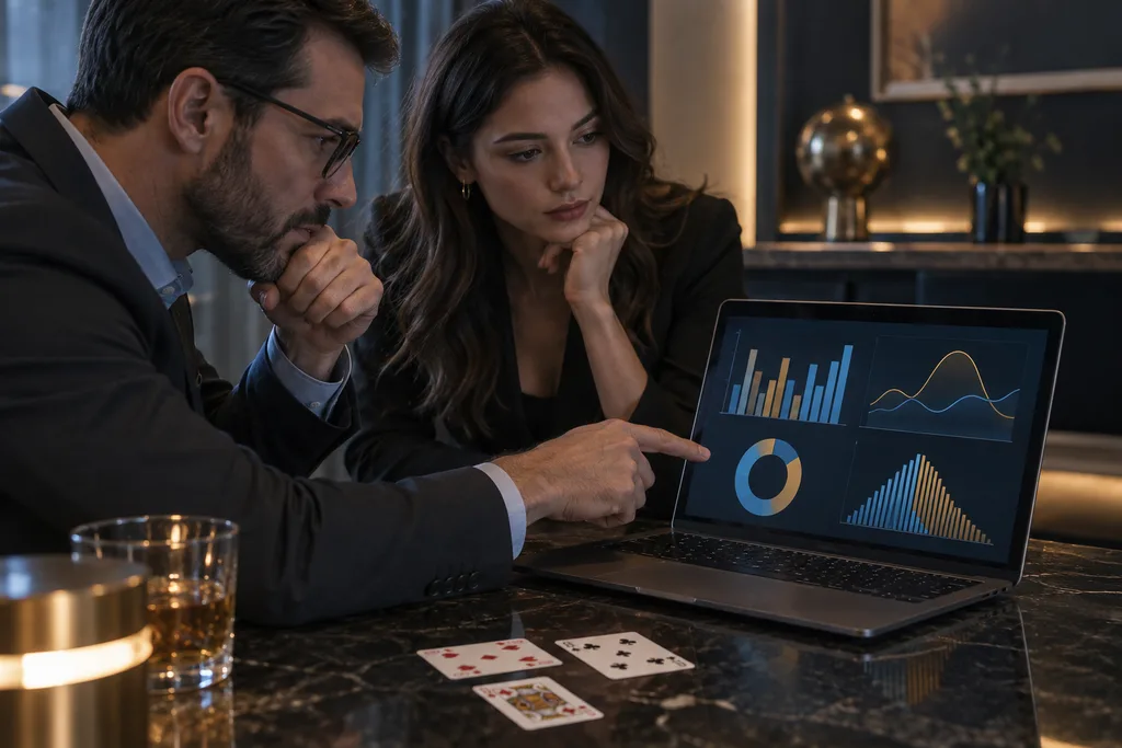 Analyst reviewing online baccarat market data while a player watches a streak dashboard
