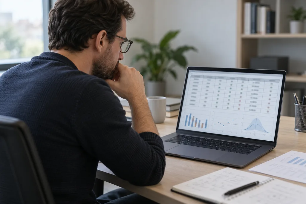 Researcher reviewing a baccarat hypothesis testing checklist and outcome data