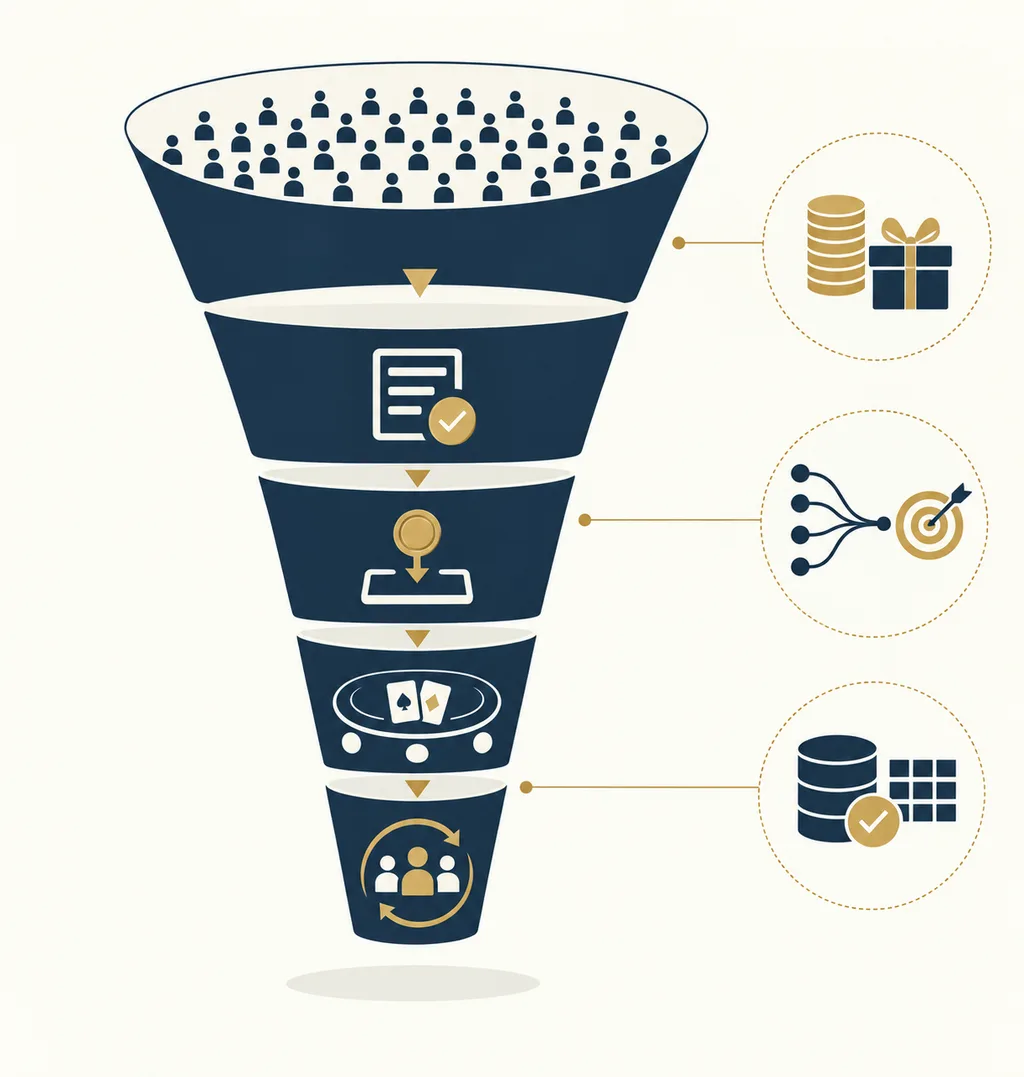 Operator-performance funnel from traffic and registration to deposits, baccarat sessions, and retention.